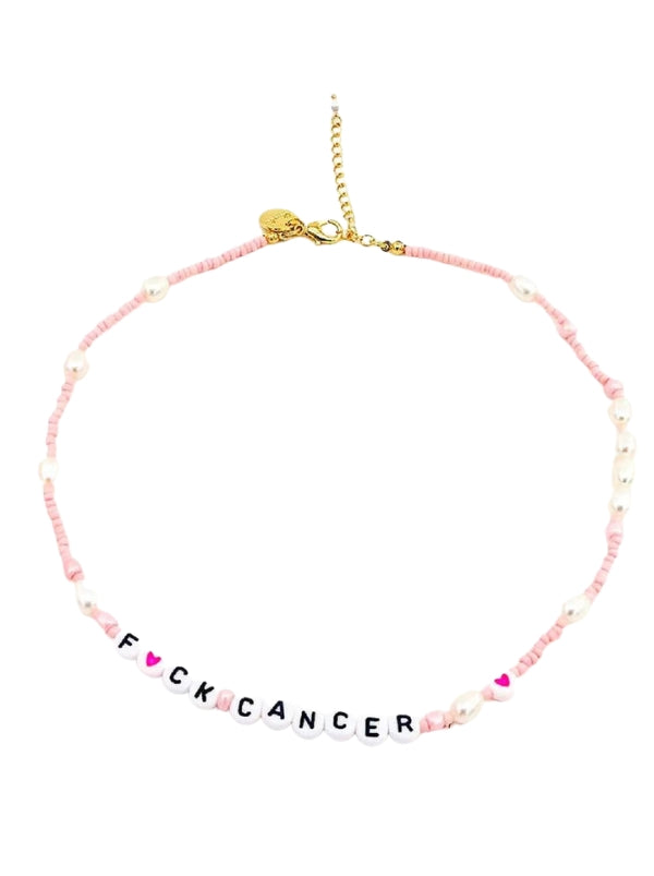 Fuck Cancer Pink and Pearl Beaded Necklace
